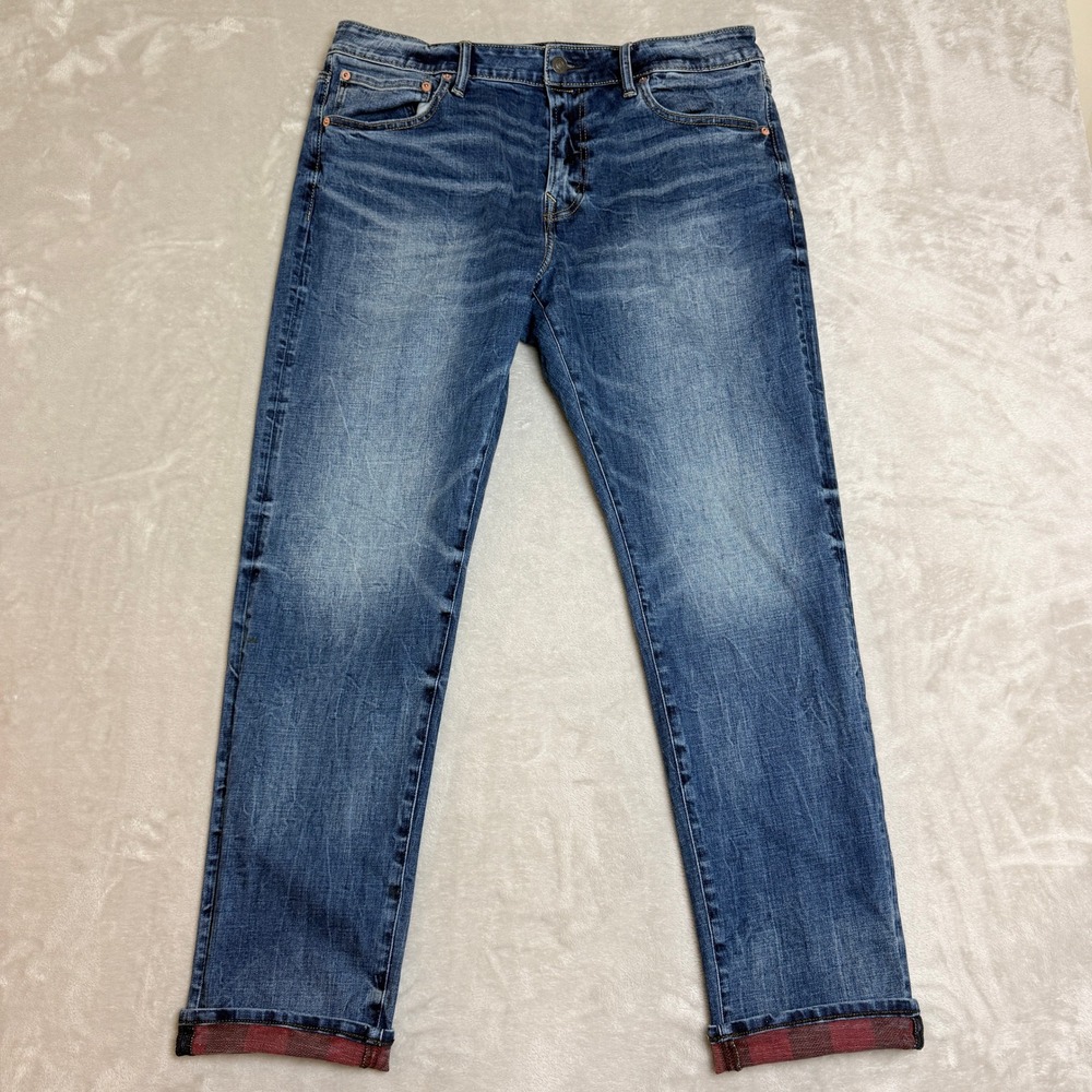 American Eagle Airflex Athletic Fit Jeans Men 36x32 Blue Plaid Pattern Interior